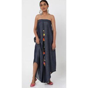 Style Junkiie Women's Blue Denim Tassel Jumpsuit Off the Shoulder Size 10 NWOT